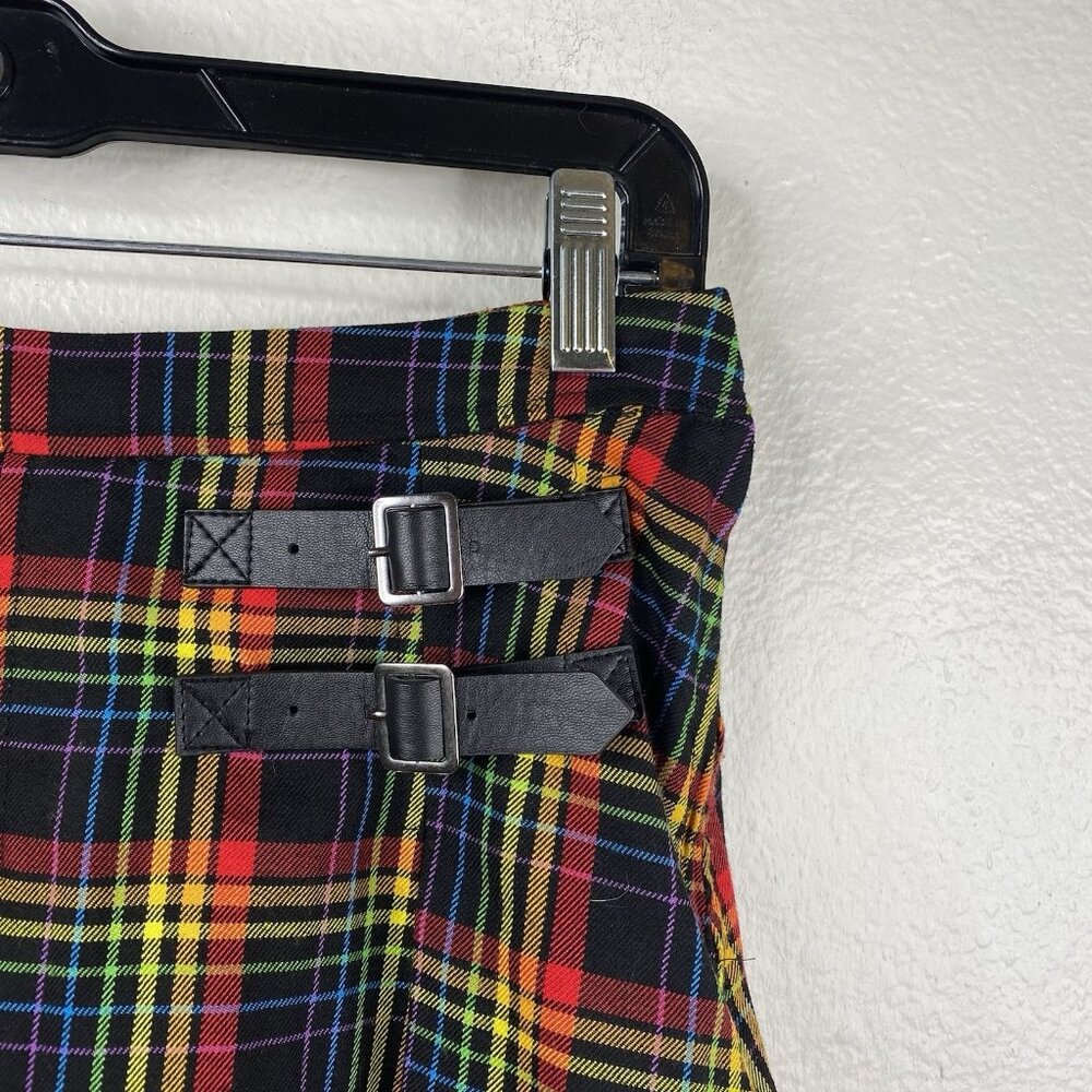 Hot Topic Rainbow Plaid Double Buckle Pleated Skirt Kilt Goth Punk Academia Sz S - Picture 5 of 6